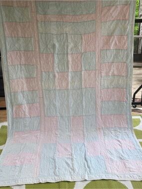 Vintage 50’s Pastel Pink and Light Blue Patchwork Quilt - Brand Unspecified